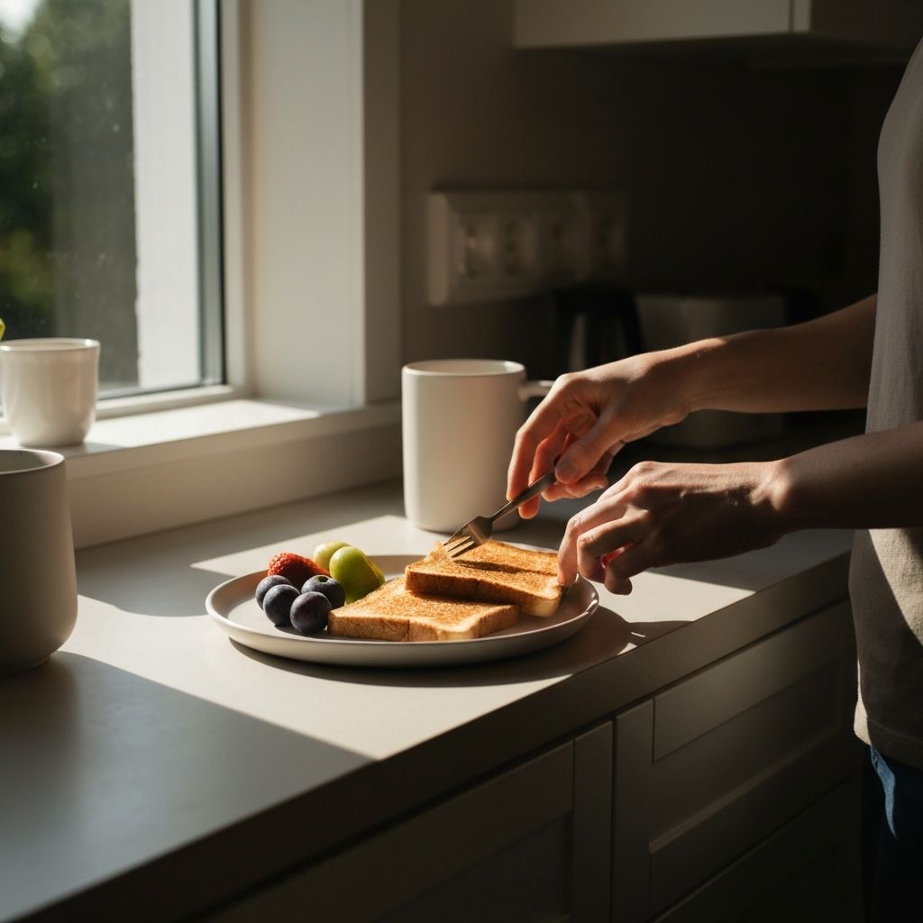 Preparing breakfast near a window with fresh fruit and toast in soft morning light