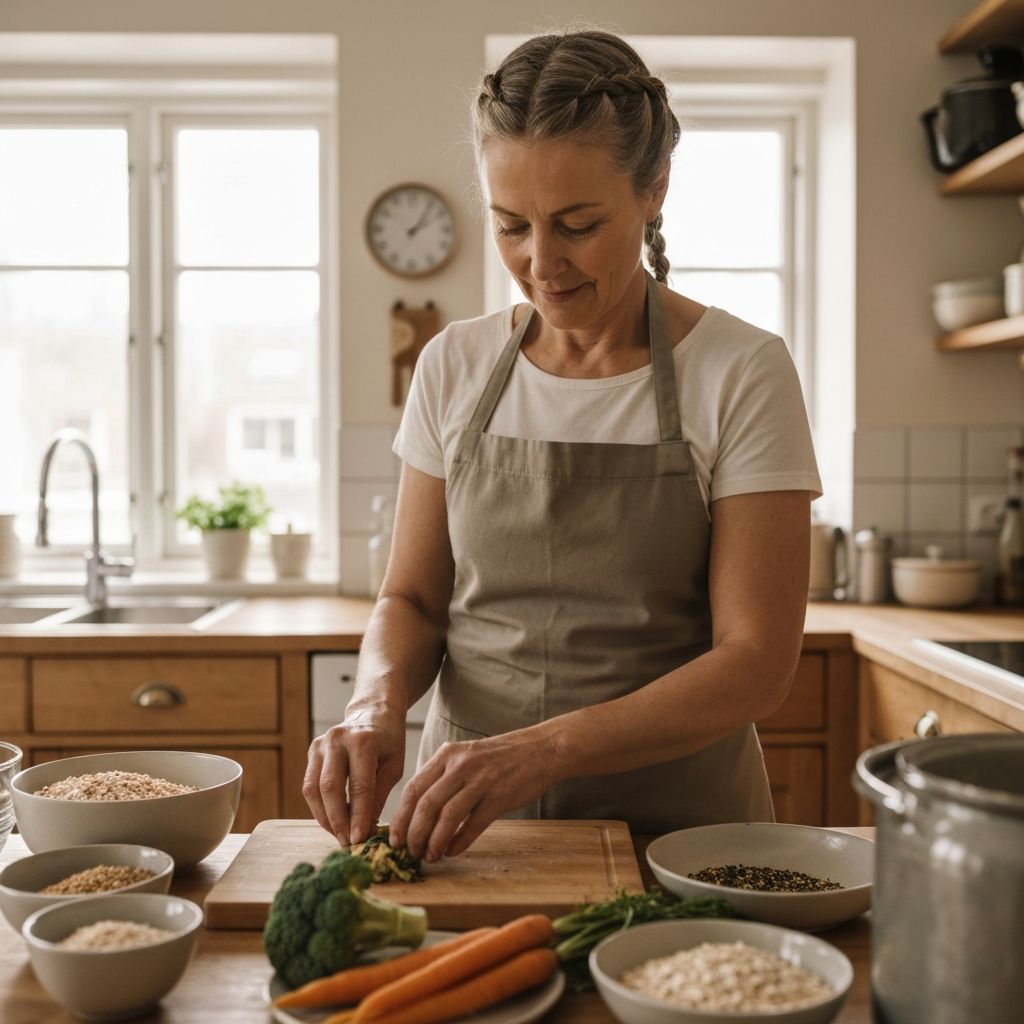 Person cooking wholesome meals with vegetables and grains in a bright kitchen
